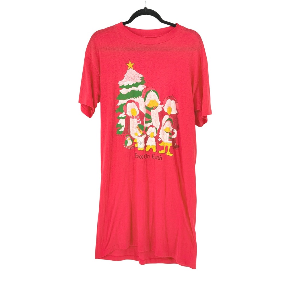 Vintage 90s Tickles Peace On Earth Penguin Christmas Nightshirt Red One Size
